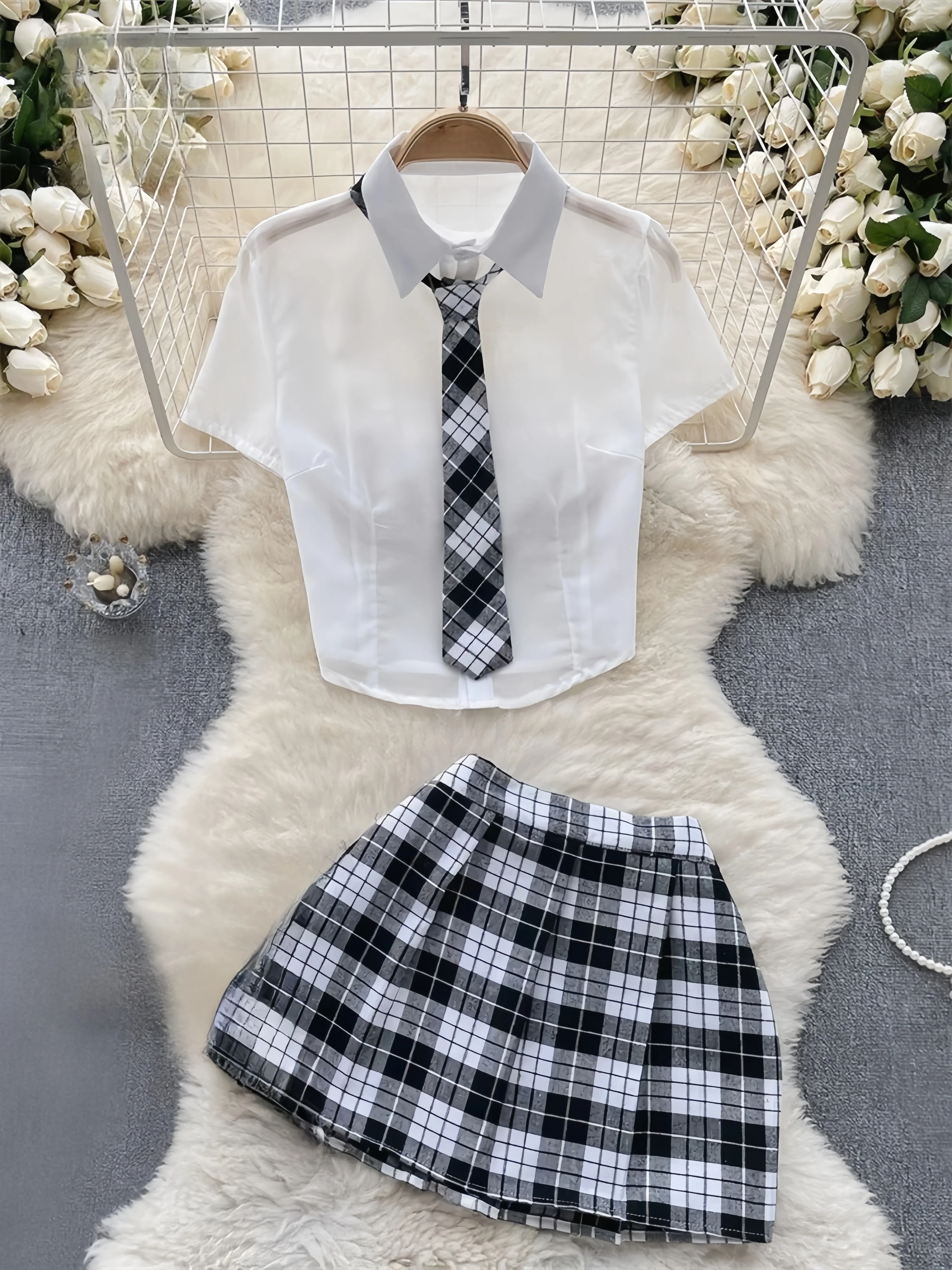 Plaid JK Uniform Short Sleeve Blouse And Pleated Skirt Set Women Sexy Comfortable Uniform Suit Female Clothing New