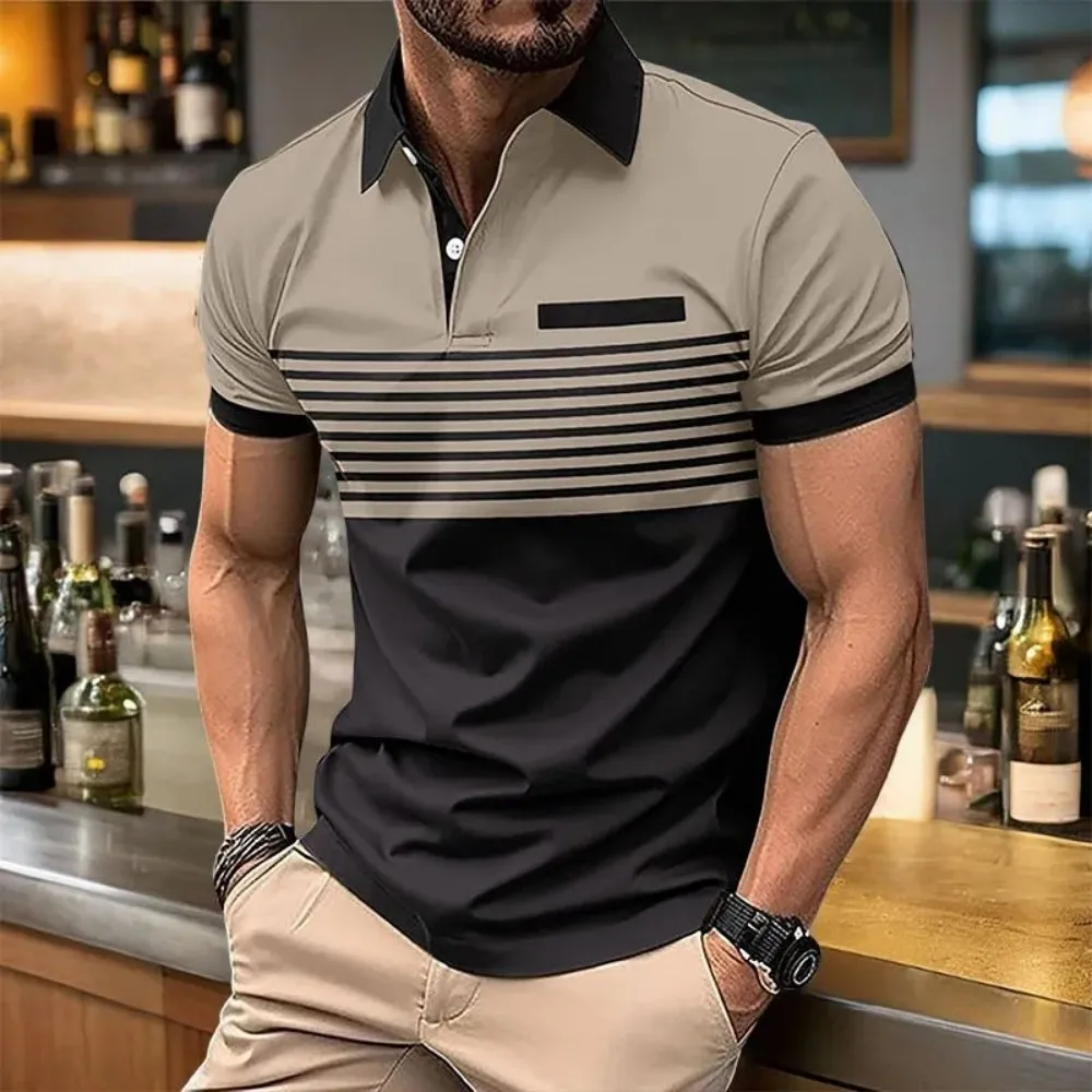 European and American Men's Summer Fashion Simple Striped Print Comfortable Breathable Polo Short Sleeved T-Shirt Outdoor Casual