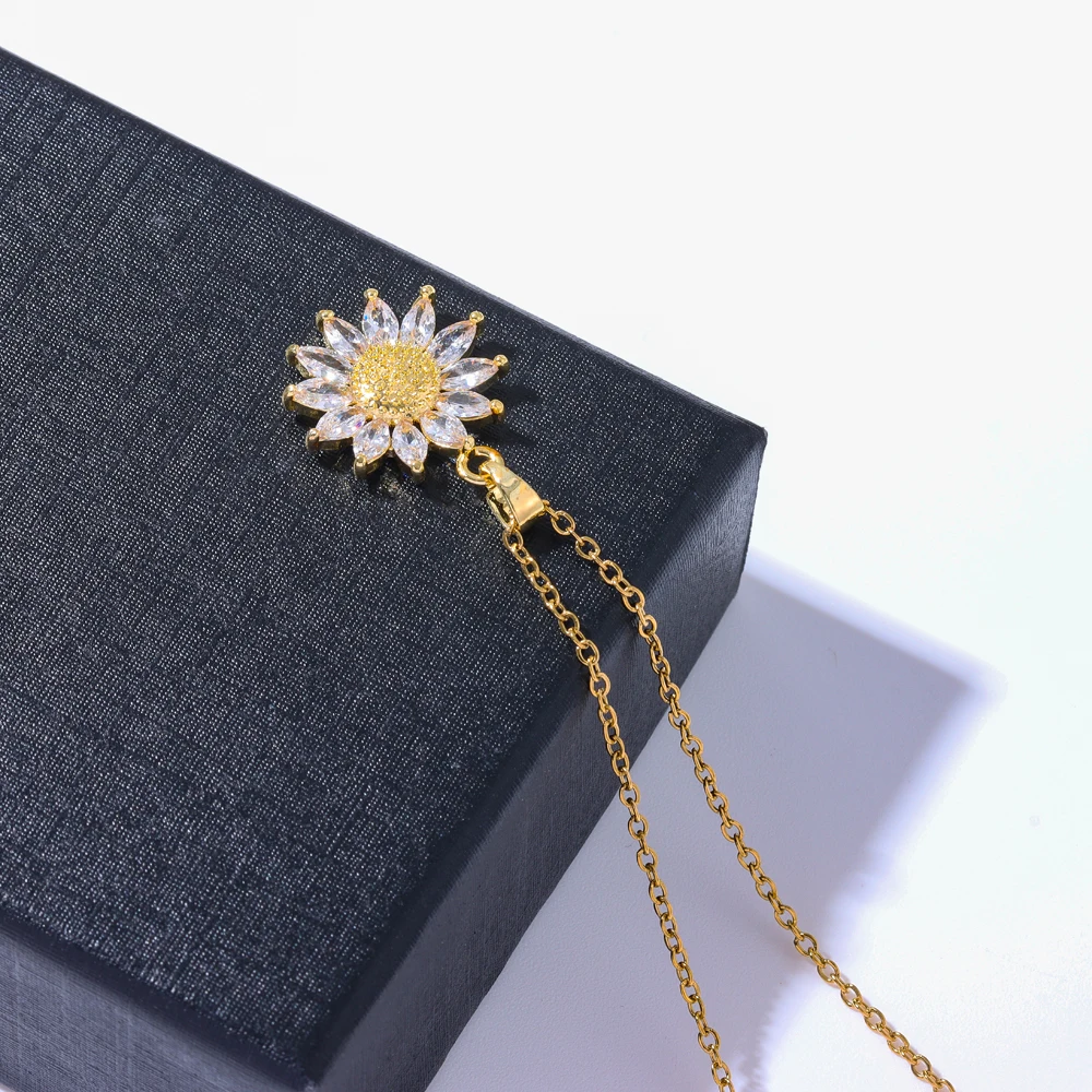 Sweet Sexy Zircon Crystal Sunflower Necklace Earrings For Women Luxury 18K Gold Plated Female Stainless Steel Jewelry Set Female