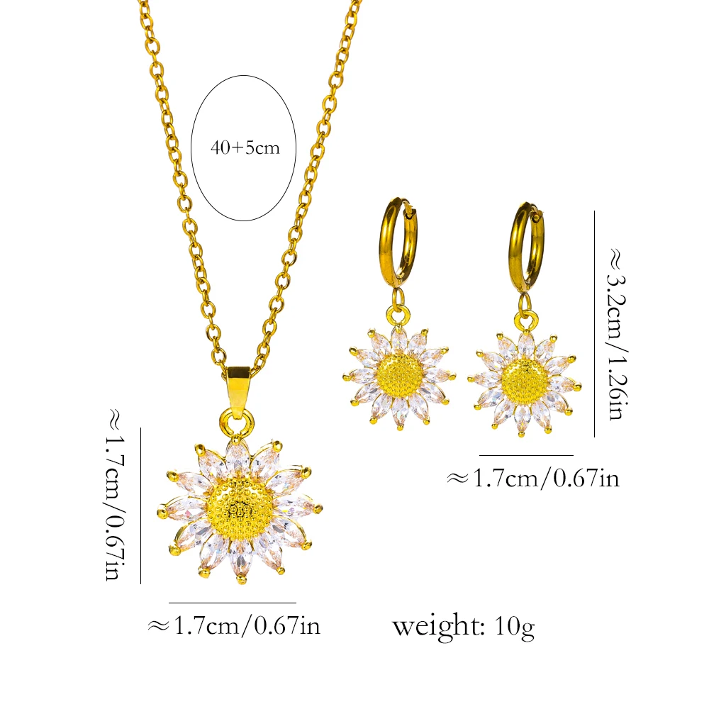 Sweet Sexy Zircon Crystal Sunflower Necklace Earrings For Women Luxury 18K Gold Plated Female Stainless Steel Jewelry Set Female