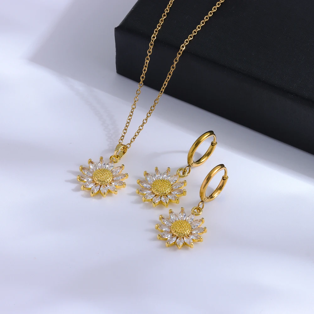 Sweet Sexy Zircon Crystal Sunflower Necklace Earrings For Women Luxury 18K Gold Plated Female Stainless Steel Jewelry Set Female