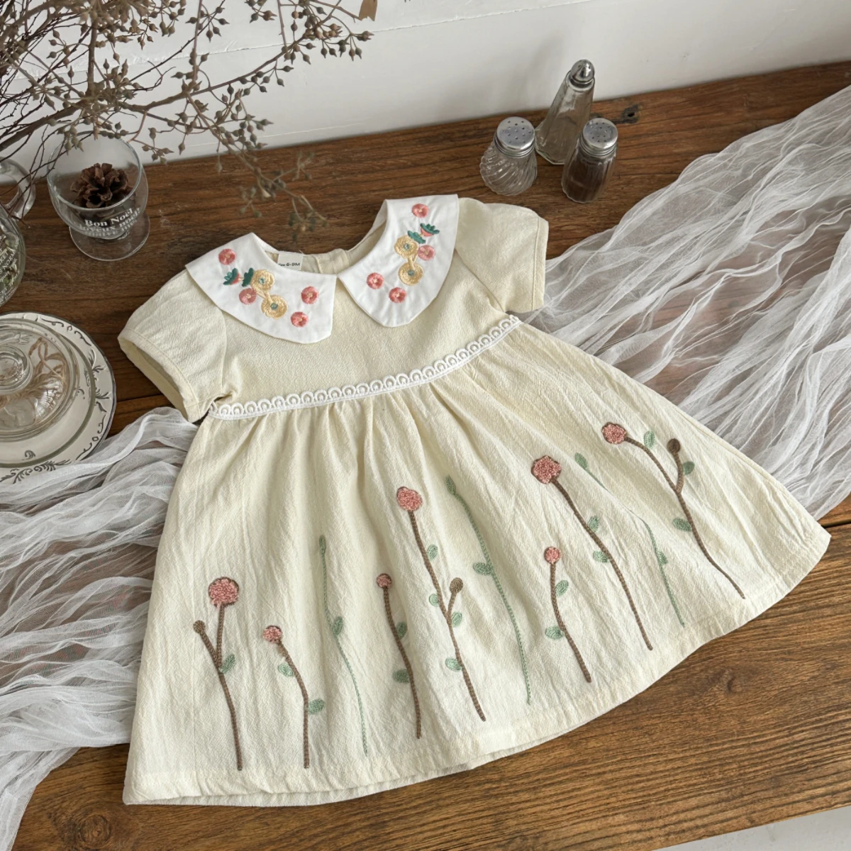 Summer New Girls Infant Floral Embroidery Dress Breathable Baby Princess Dress 0-3 Years Cute Short Sleeve Dress