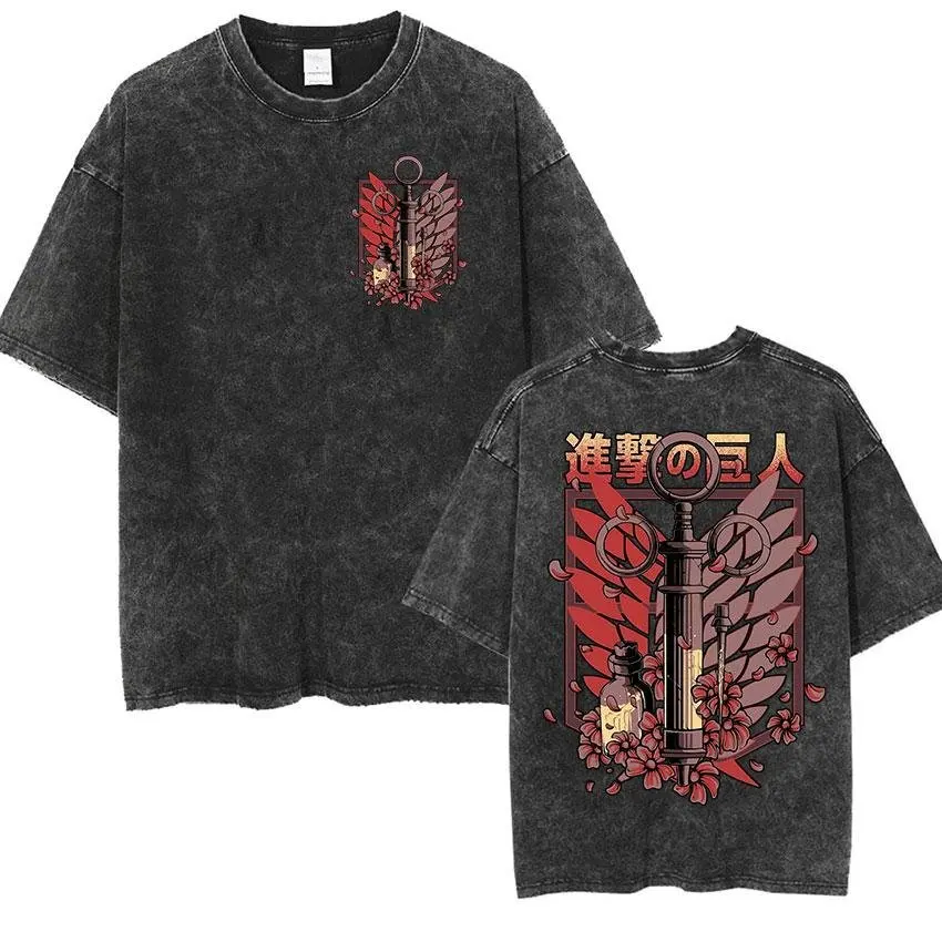 2026 Attack on Titan Anime Printed T-shirt Men's and Women's Washed T-shirt High Quality Vintage Cotton T-shirt Harajuku Y2K Top