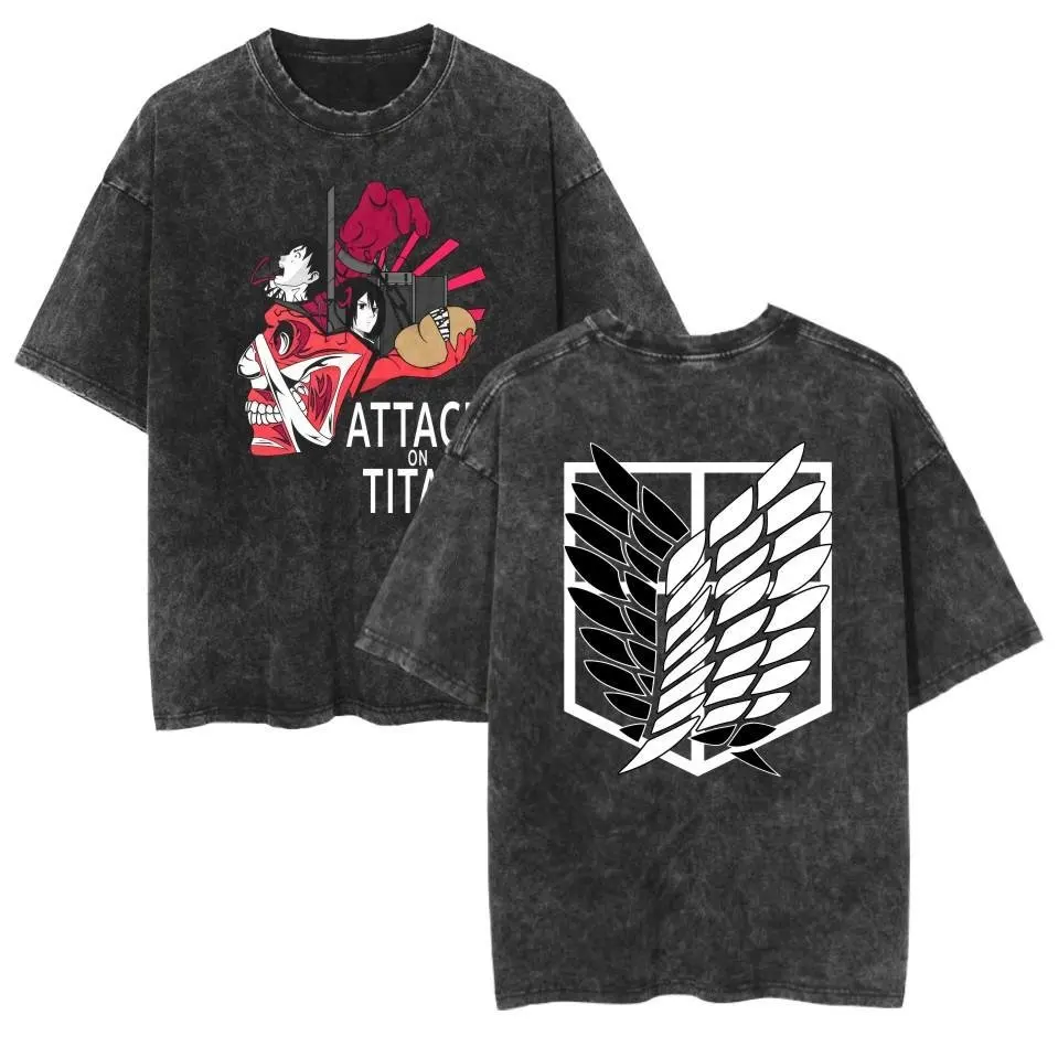 2026 Attack on Titan Anime Printed T-shirt Men's and Women's Washed T-shirt High Quality Vintage Cotton T-shirt Harajuku Y2K Top