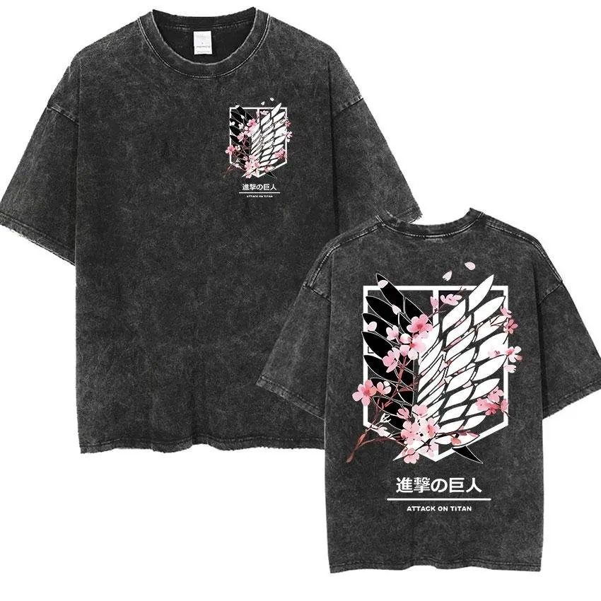 2026 Attack on Titan Anime Printed T-shirt Men's and Women's Washed T-shirt High Quality Vintage Cotton T-shirt Harajuku Y2K Top