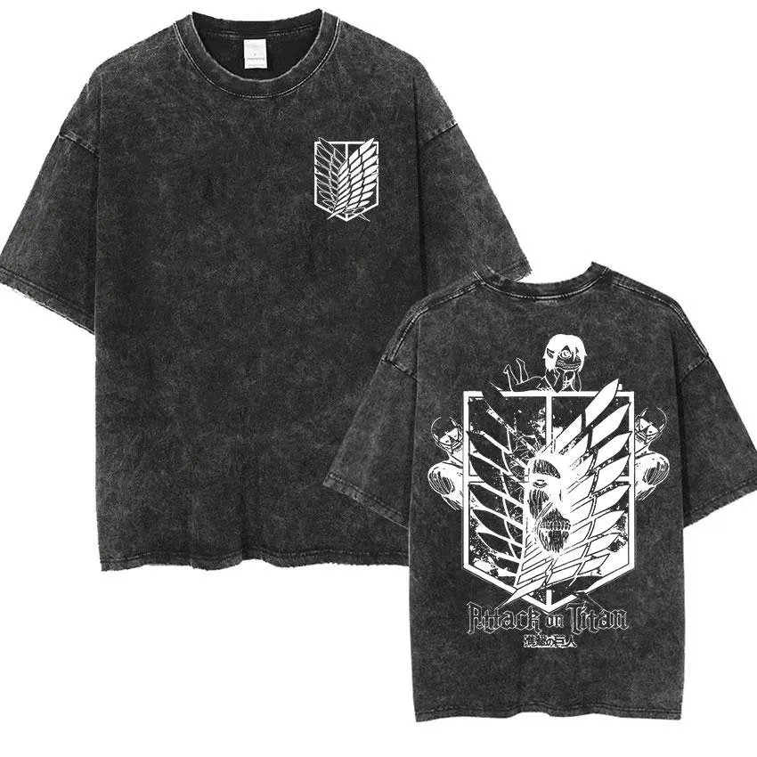 2026 Attack on Titan Anime Printed T-shirt Men's and Women's Washed T-shirt High Quality Vintage Cotton T-shirt Harajuku Y2K Top
