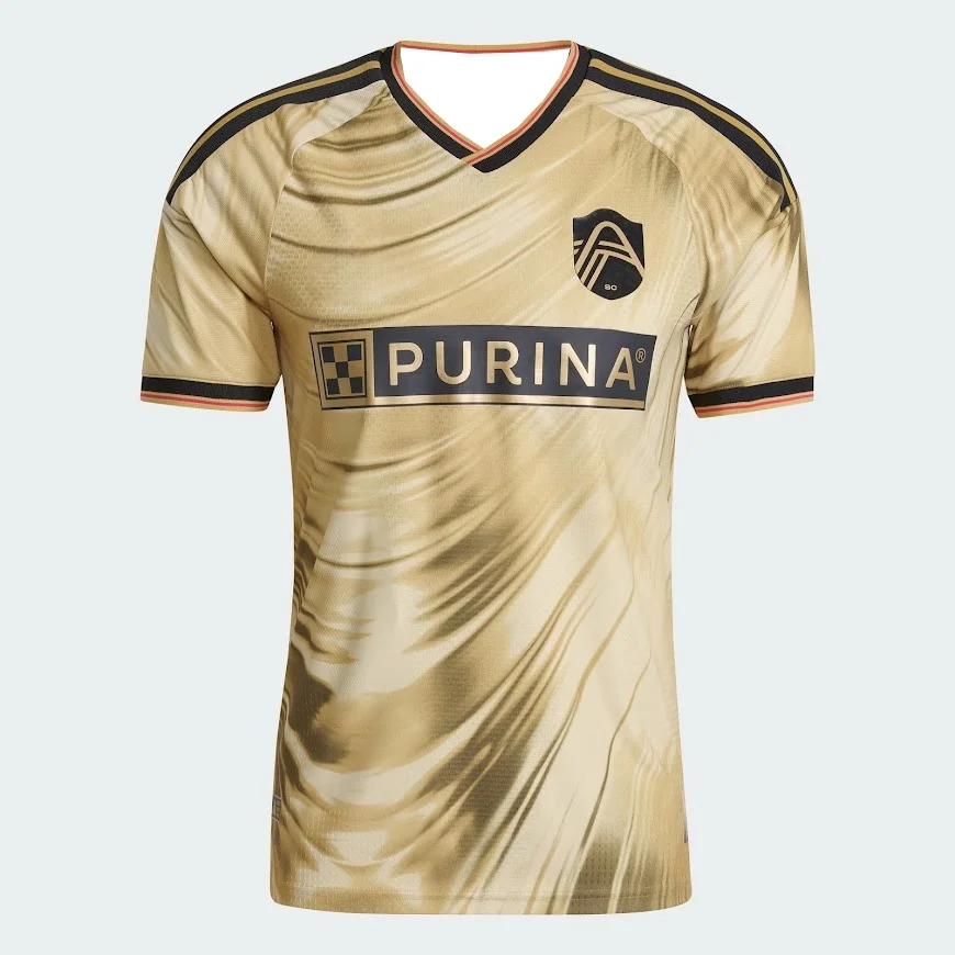 New St. Louis City SC 2025/26 Away Soccer Jersey MLS Men's Football Shirt Fan Version Gold Black Red Wave Pattern Kit