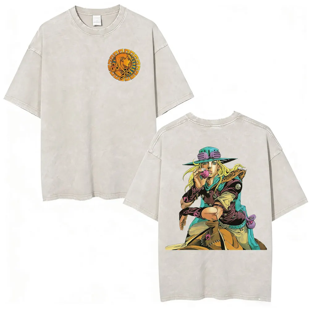 Anime Jojo Bizarre Adventure STEEL BALL RUN Manga Vintage Acid Washed T Shirt Men Women Casual Short Sleeves T-shirt Streetwear