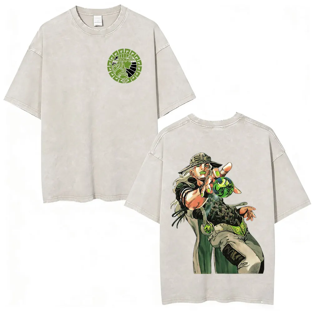 Anime Jojo Bizarre Adventure STEEL BALL RUN Manga Vintage Acid Washed T Shirt Men Women Casual Short Sleeves T-shirt Streetwear