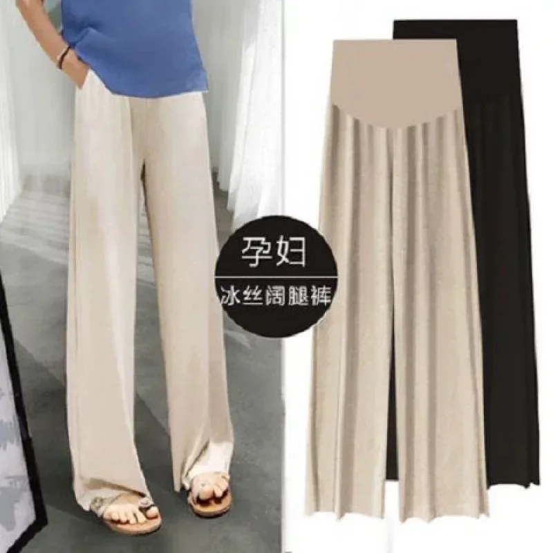 Summer Ice Silk Maternity Wide Leg Pants Loose Pleated Nine Points Thin Cool Comfortable for Pregnant Women