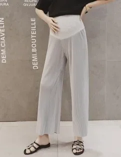 Summer Ice Silk Maternity Wide Leg Pants Loose Pleated Nine Points Thin Cool Comfortable for Pregnant Women