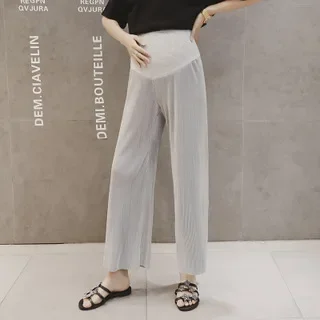 Summer Ice Silk Maternity Wide Leg Pants Loose Pleated Nine Points Thin Cool Comfortable for Pregnant Women