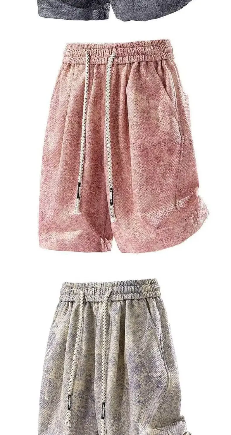 Men's Tie-dye Jacquard Shorts Streetwear Wide-leg Casual Drawstring Five-point Pants American Type Sport Oversize Couple Shorts
