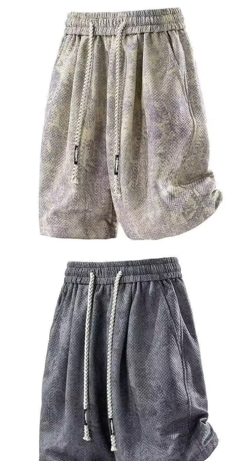 Men's Tie-dye Jacquard Shorts Streetwear Wide-leg Casual Drawstring Five-point Pants American Type Sport Oversize Couple Shorts