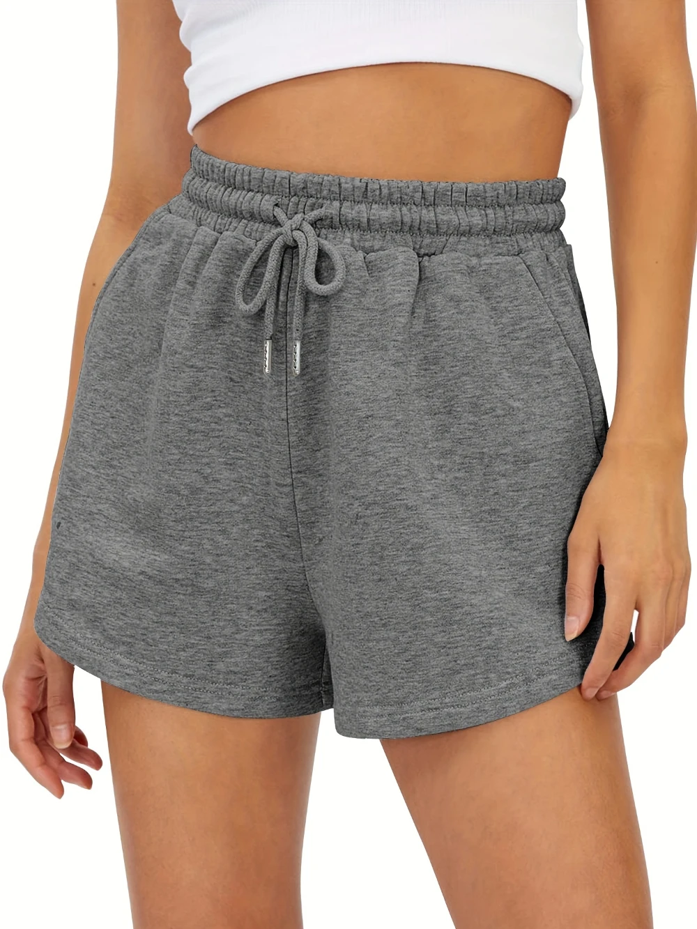 Women'S Summer Casual Drawstring Shorts with Side Pockets Light Gray Solid Color Elastic Waistband Comfortable