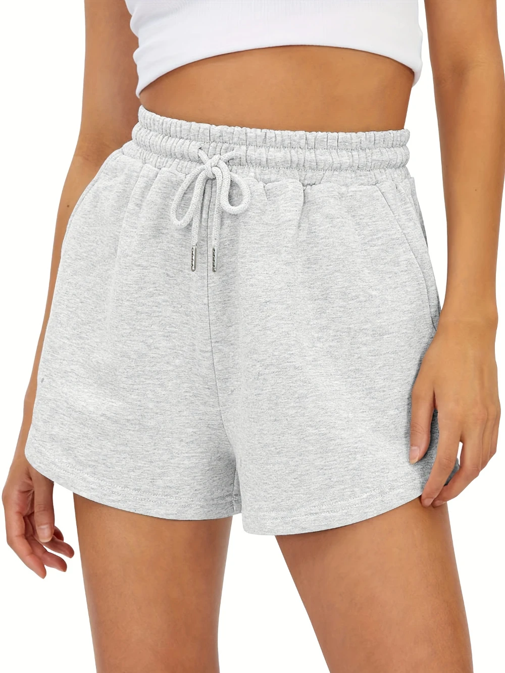 Women'S Summer Casual Drawstring Shorts with Side Pockets Light Gray Solid Color Elastic Waistband Comfortable