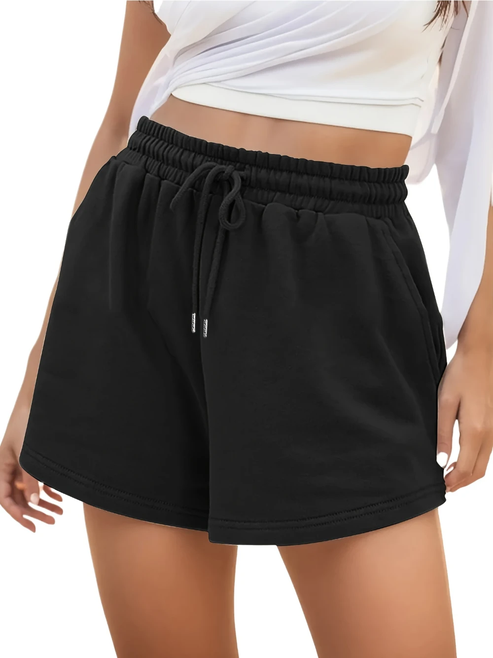 Women'S Summer Casual Drawstring Shorts with Side Pockets Light Gray Solid Color Elastic Waistband Comfortable