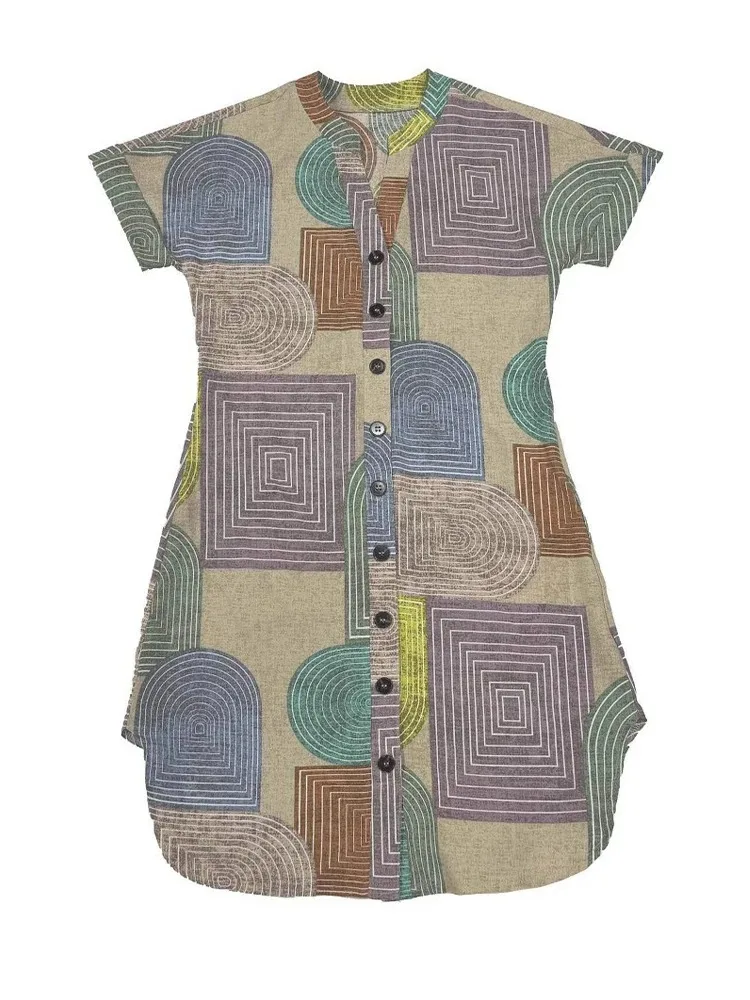 European and American women's clothing foreign summer geometric printing elegant V-neck button up dress
