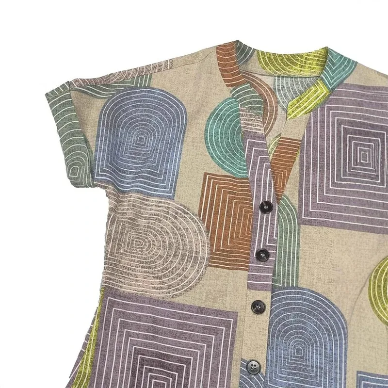 European and American women's clothing foreign summer geometric printing elegant V-neck button up dress
