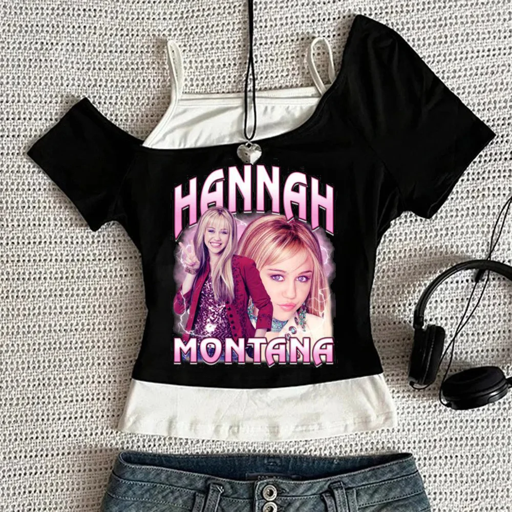 Hannah Montana crop top teen clearance sales cheap streetwear baddie dollette tshirt grunge emo cheap dollette