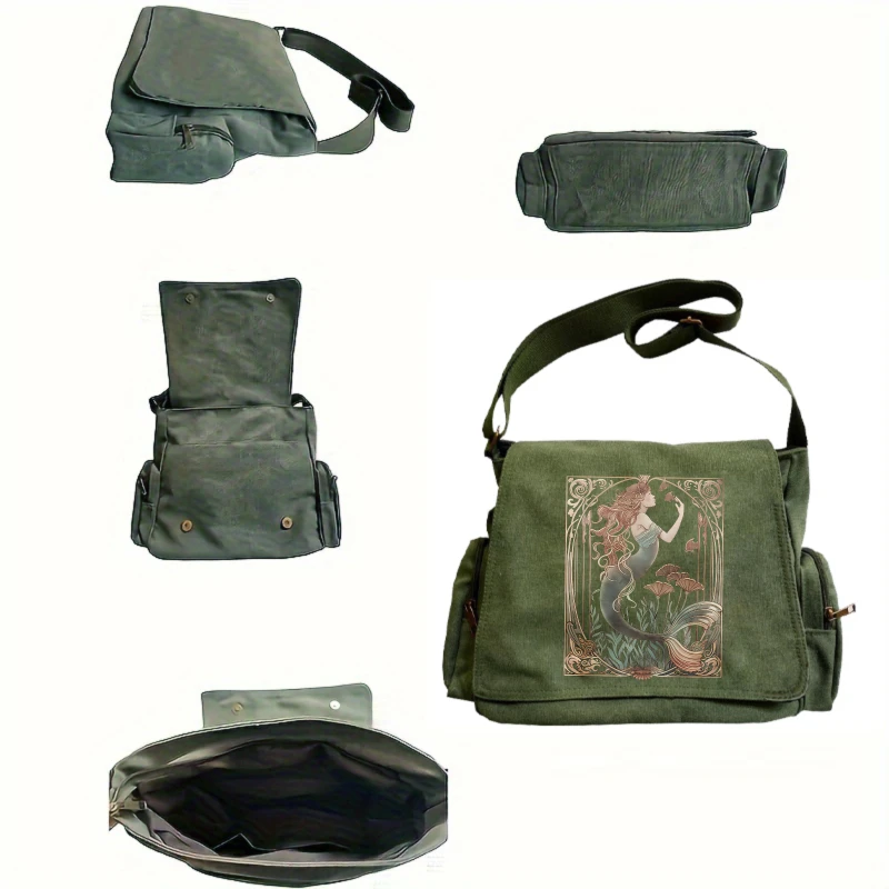 Vintage Womens Messenger Bag Canvas Mermaid Print Large Capacity Multiple Pockets Crossbody Travel Laptop Bag
