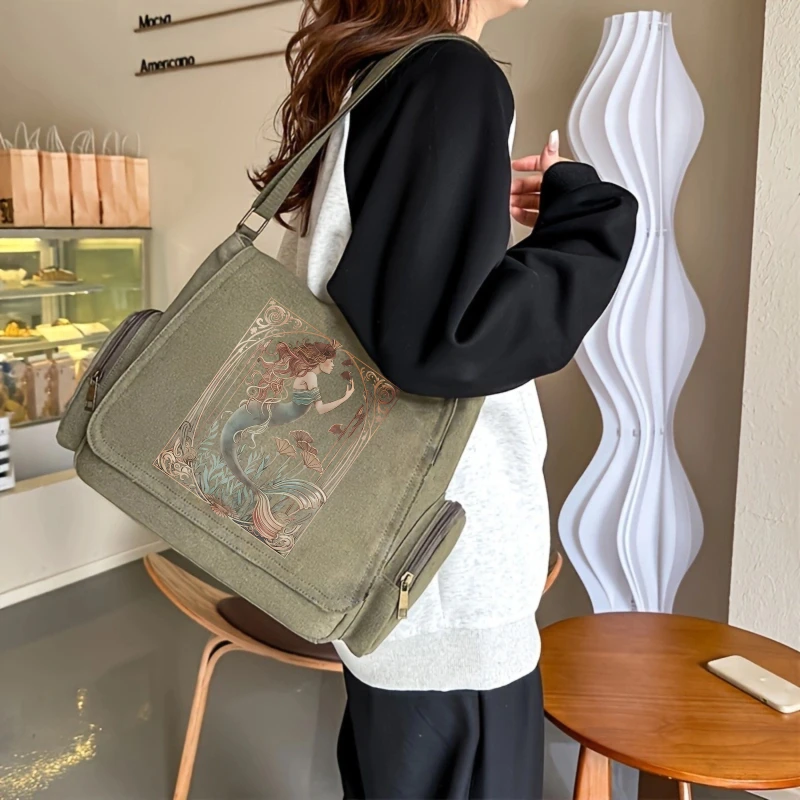 Vintage Womens Messenger Bag Canvas Mermaid Print Large Capacity Multiple Pockets Crossbody Travel Laptop Bag