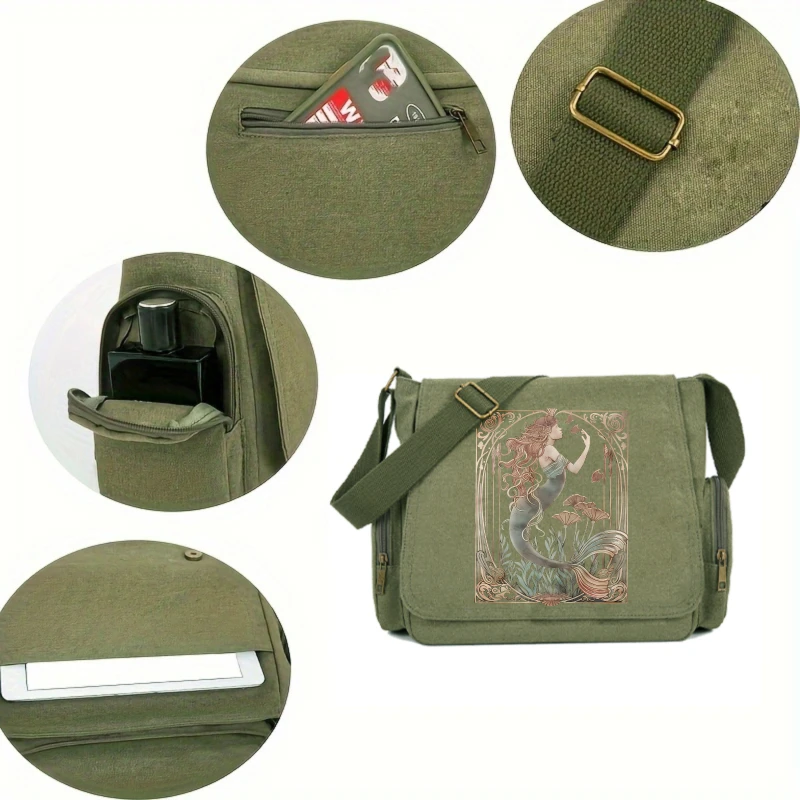 Vintage Womens Messenger Bag Canvas Mermaid Print Large Capacity Multiple Pockets Crossbody Travel Laptop Bag