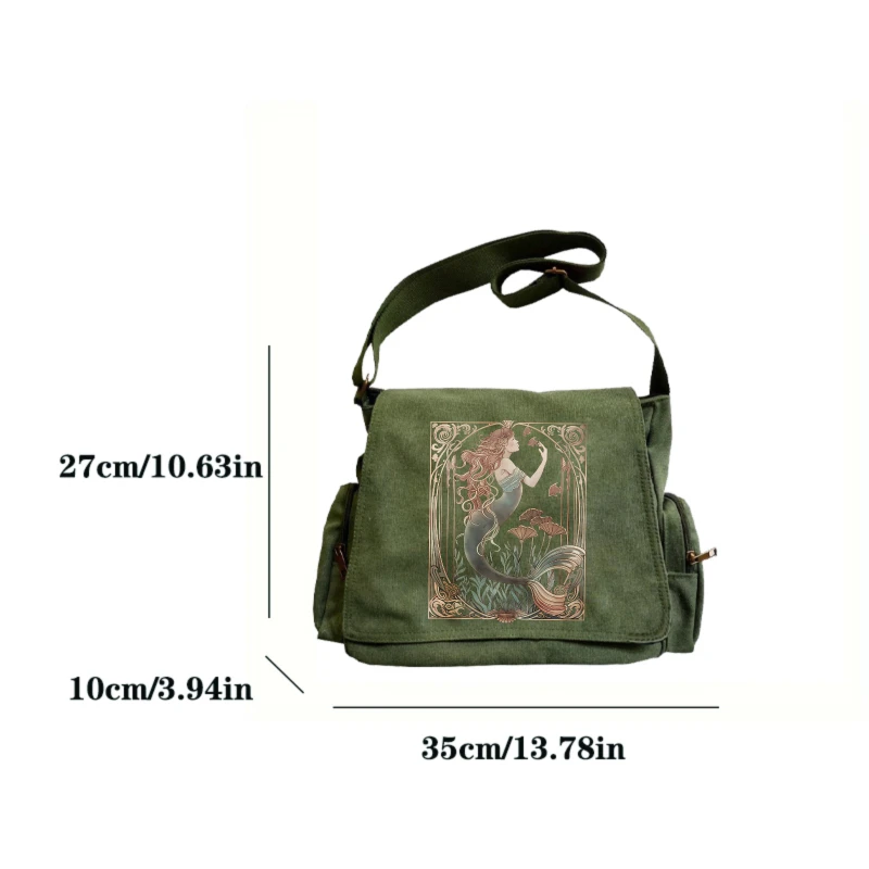 Vintage Womens Messenger Bag Canvas Mermaid Print Large Capacity Multiple Pockets Crossbody Travel Laptop Bag