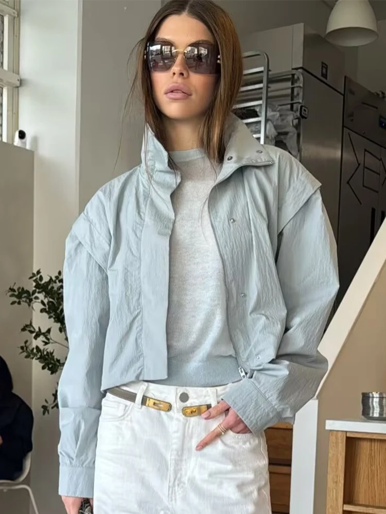 SLTNX Women's Short Trench Coats Fashion Simple Design Solid Stand Long Sleeve Zipper Windbreaker  Autumn New Casual Lady Jacket