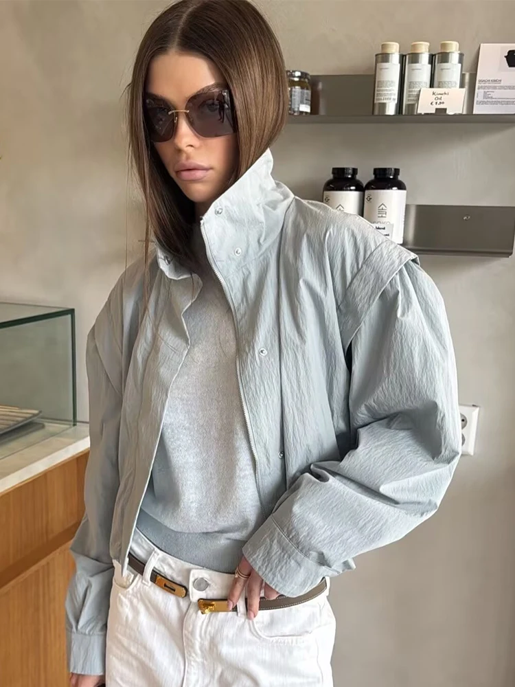 SLTNX Women's Short Trench Coats Fashion Simple Design Solid Stand Long Sleeve Zipper Windbreaker  Autumn New Casual Lady Jacket