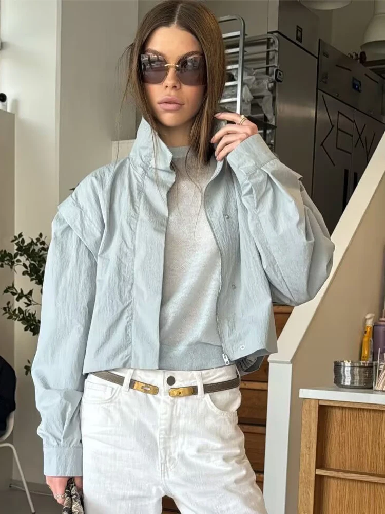 SLTNX Women's Short Trench Coats Fashion Simple Design Solid Stand Long Sleeve Zipper Windbreaker  Autumn New Casual Lady Jacket