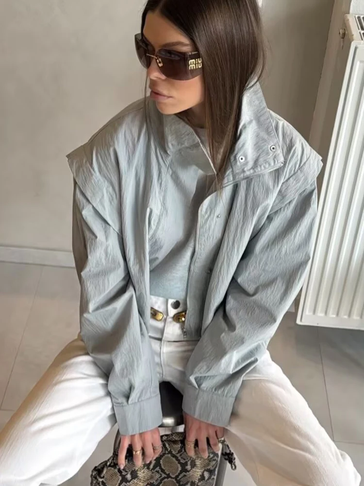 SLTNX Women's Short Trench Coats Fashion Simple Design Solid Stand Long Sleeve Zipper Windbreaker  Autumn New Casual Lady Jacket