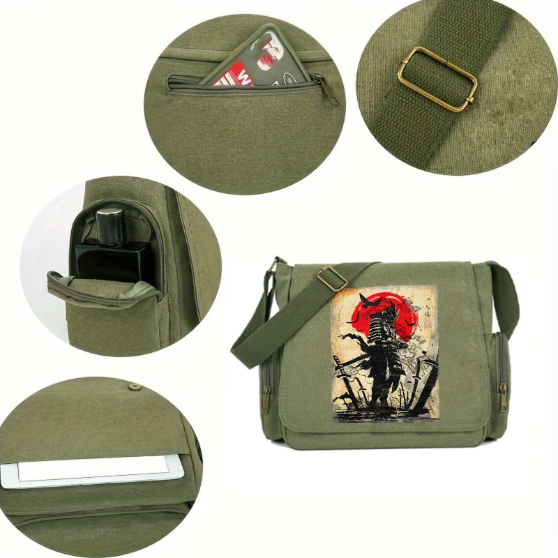 Retro Mens Messenger Bag Canvas Samurai Print Large Capacity Laptop Bag Daily Shoulder Crossbody Bag