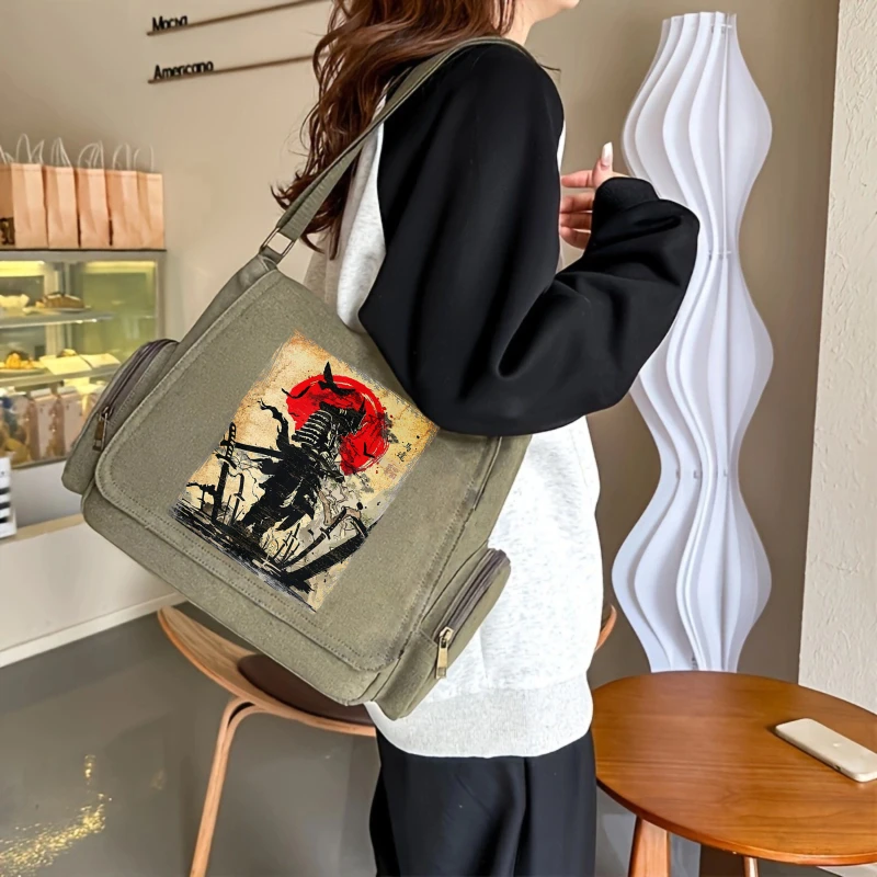 Retro Mens Messenger Bag Canvas Samurai Print Large Capacity Laptop Bag Daily Shoulder Crossbody Bag