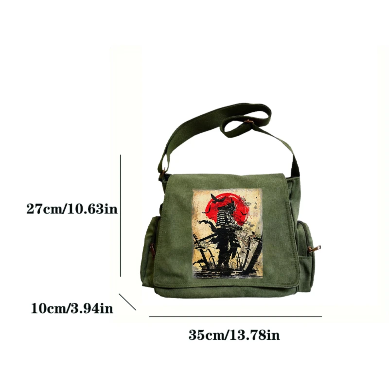Retro Mens Messenger Bag Canvas Samurai Print Large Capacity Laptop Bag Daily Shoulder Crossbody Bag