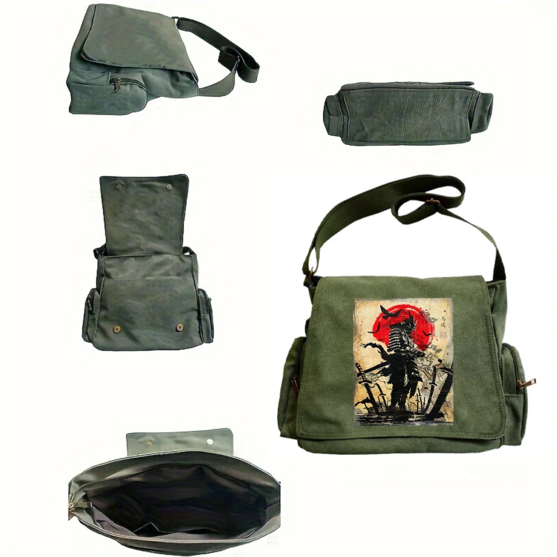 Retro Mens Messenger Bag Canvas Samurai Print Large Capacity Laptop Bag Daily Shoulder Crossbody Bag