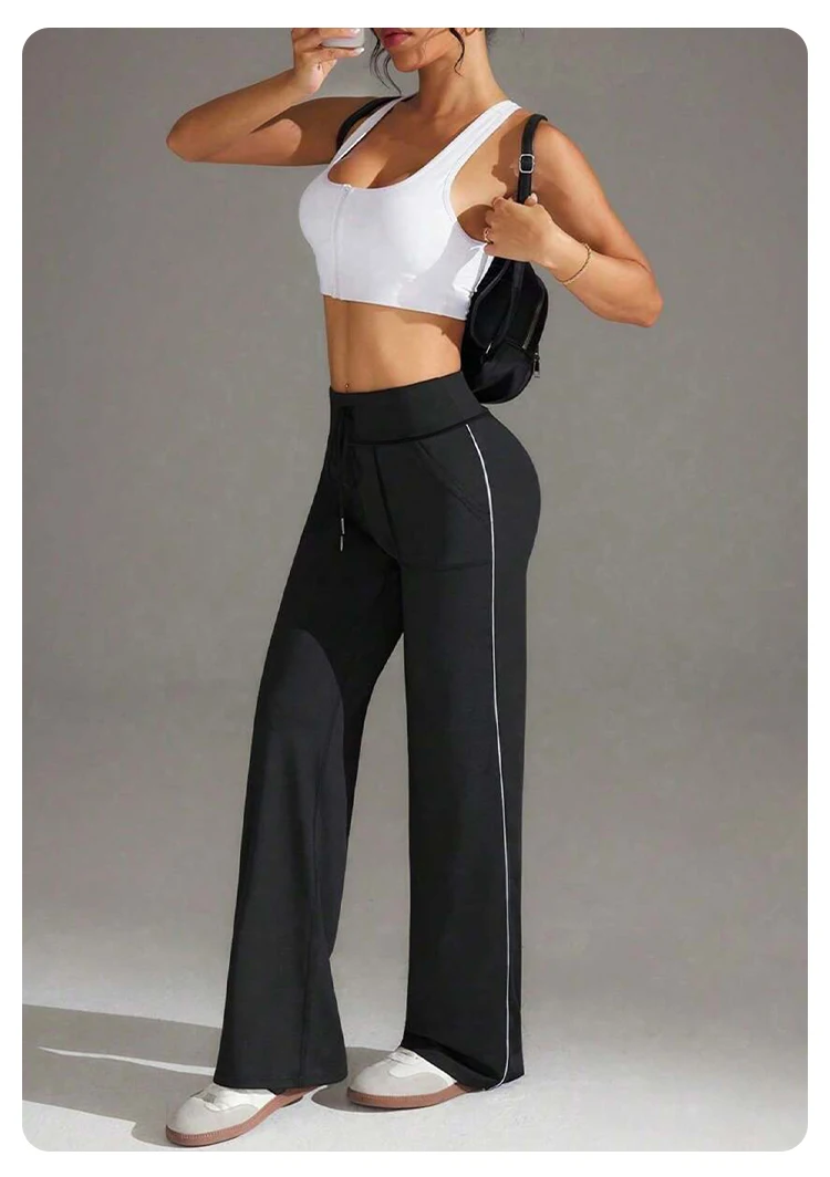 Sports Yoga Casual Pants for Women High Waist Drawstring Straight Wide Leg Pant Sports Comfort Elastic Fitness Sports Trousers