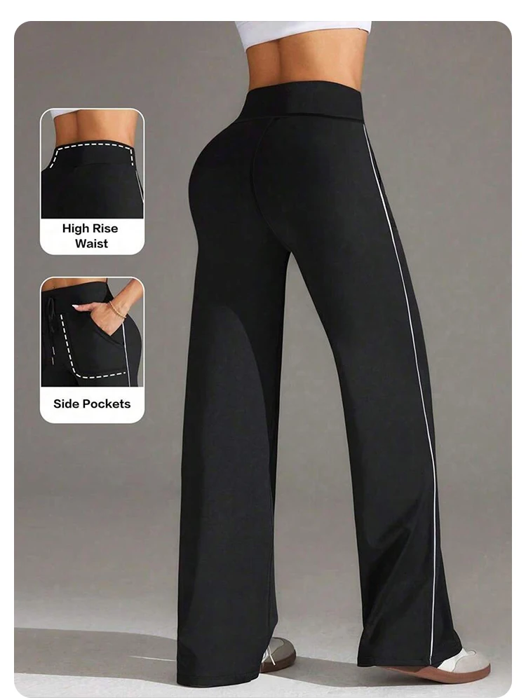 Sports Yoga Casual Pants for Women High Waist Drawstring Straight Wide Leg Pant Sports Comfort Elastic Fitness Sports Trousers