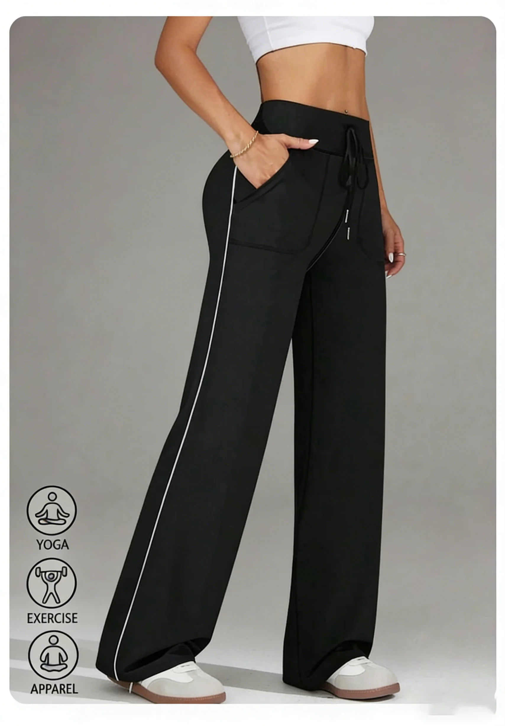 Sports Yoga Casual Pants for Women High Waist Drawstring Straight Wide Leg Pant Sports Comfort Elastic Fitness Sports Trousers