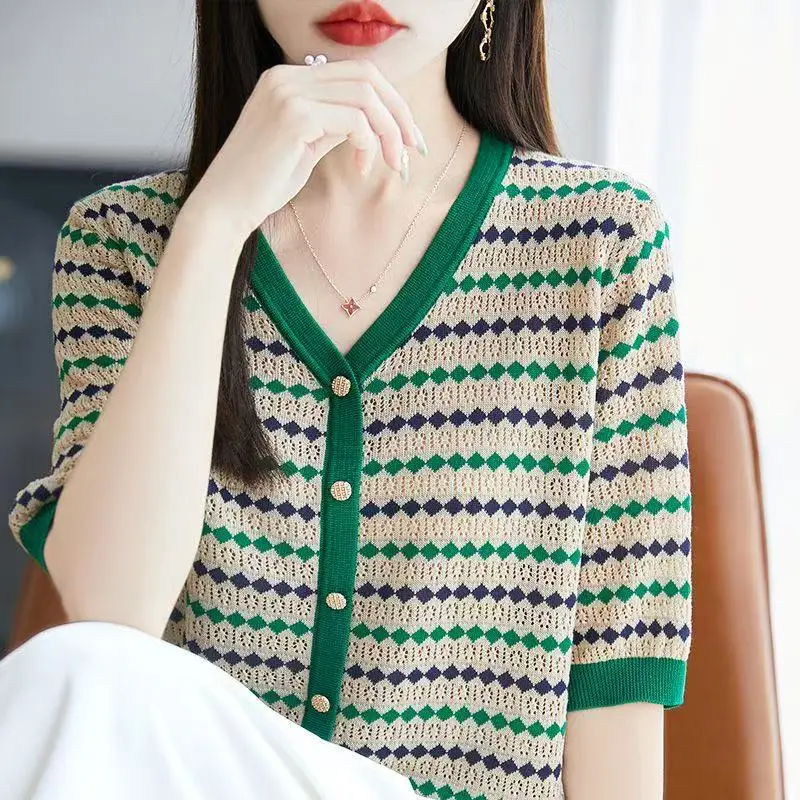 Outlet V-ne Stripe ort Sve Women's Summer Ice Silk Knitted Top Casual Loose Fit Bright Tead Soft Polyester Fiber
