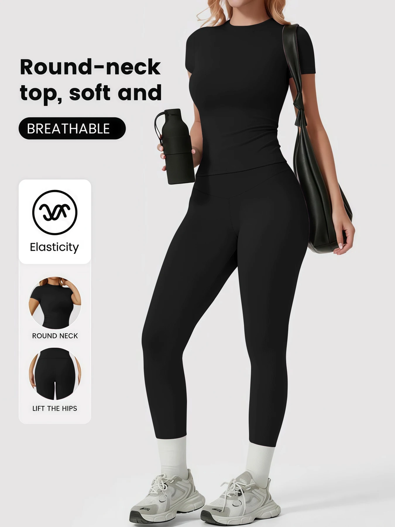 Women's 2 Piece Casual Yoga Set - Round Neck Short Sleeve Top & High Waist Butt Lift Leggings, Soft Breathable Stretchy Workout