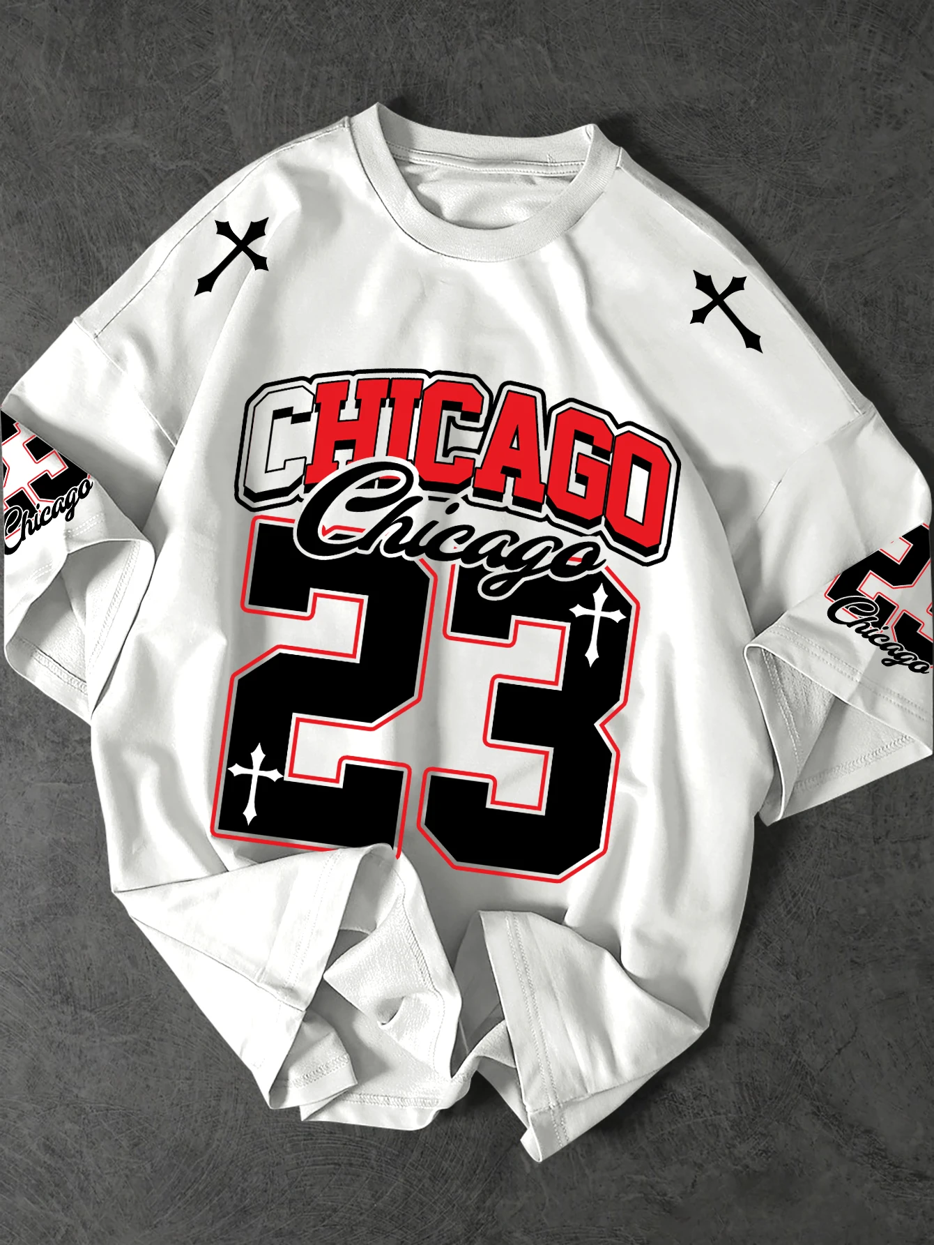 Gothic Chicago 23 Print Long Sleeve T Shirt Men Streetwear Hip Hop Cross Graphic Oversized Tee Casual Fashion Tops