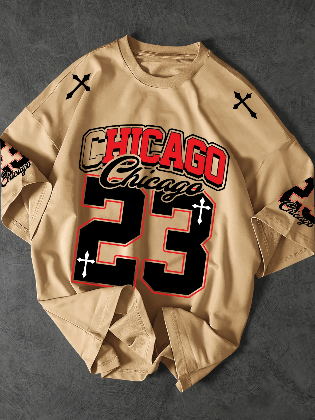 Gothic Chicago 23 Print Long Sleeve T Shirt Men Streetwear Hip Hop Cross Graphic Oversized Tee Casual Fashion Tops