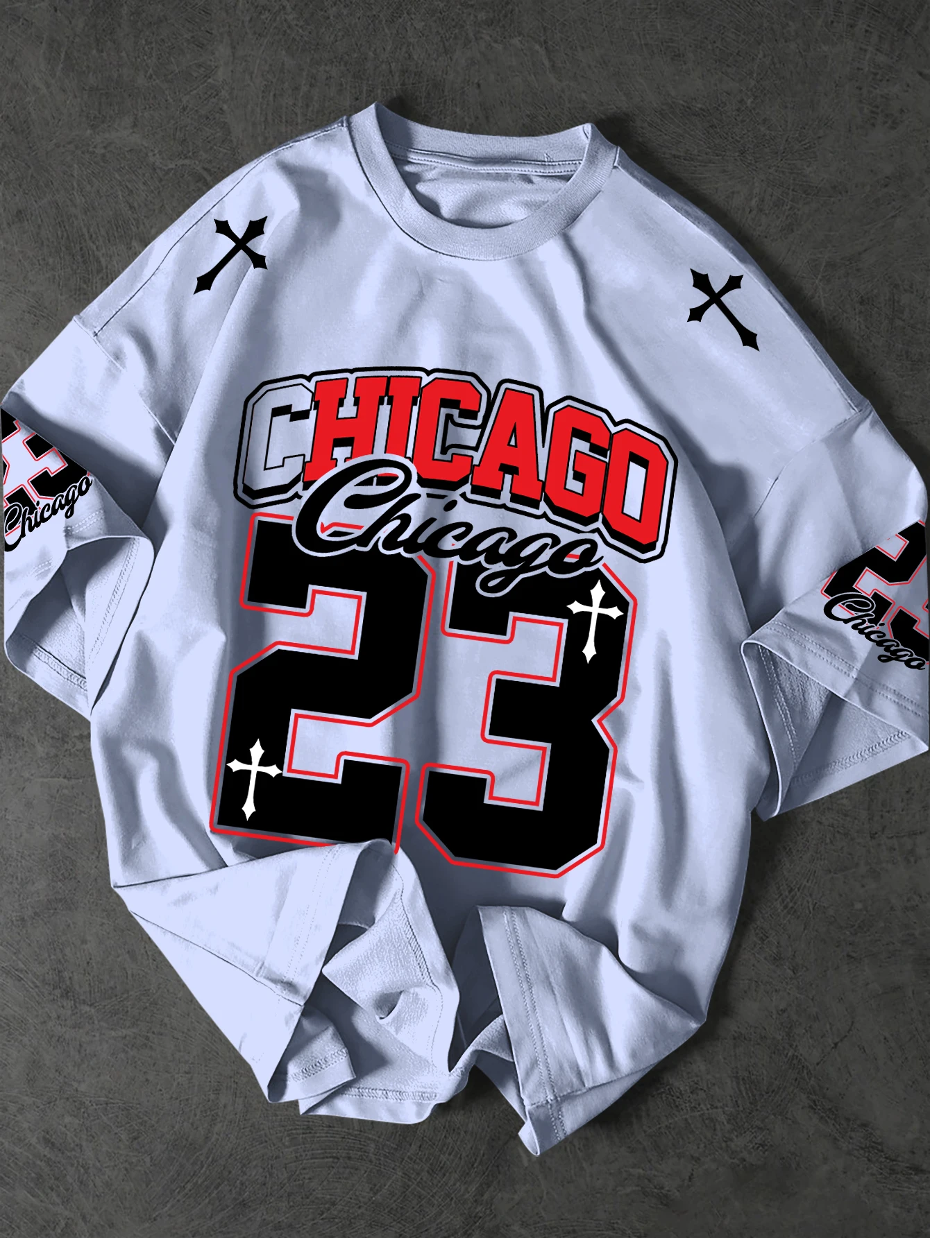Gothic Chicago 23 Print Long Sleeve T Shirt Men Streetwear Hip Hop Cross Graphic Oversized Tee Casual Fashion Tops