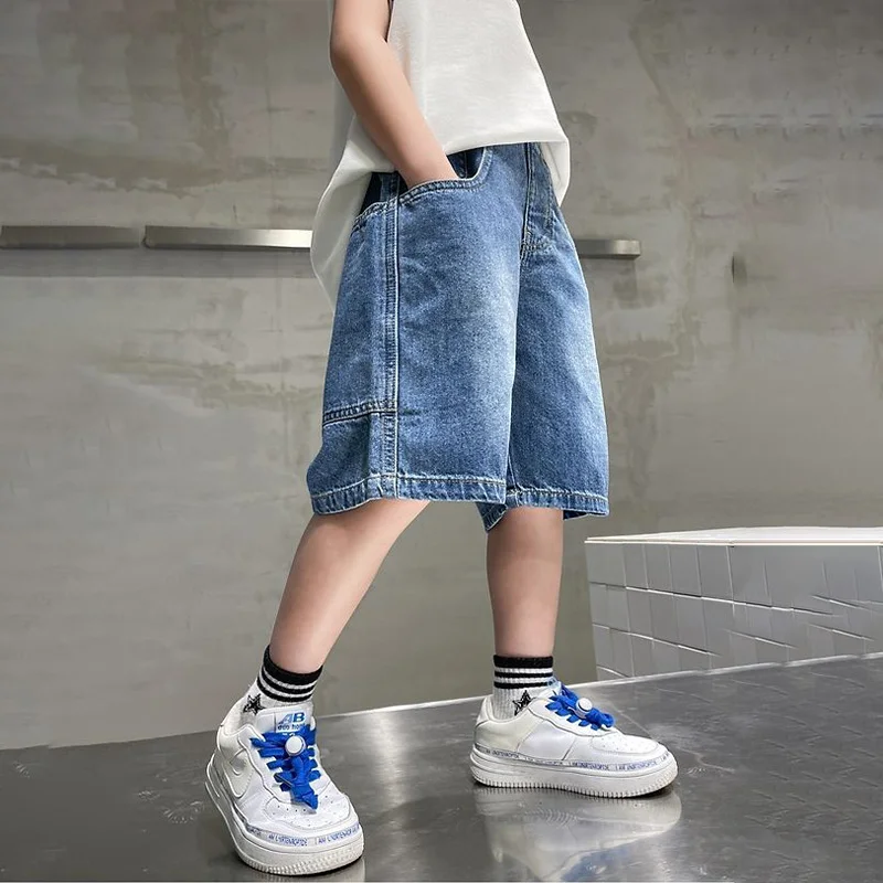 New Boys Summer Fashion Denim Shorts Kids Casual Loose Thin Knee-Length Trousers for 3-12 Years Teenager Outdoor Jeans Pants