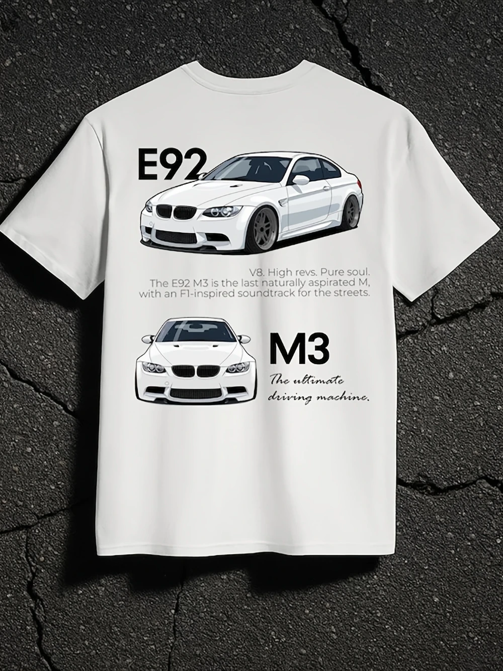 E92 M3 white car graphic T-shirt casual crew neck loose fit stylish casual pure cotton all-season streetwear men clothing top