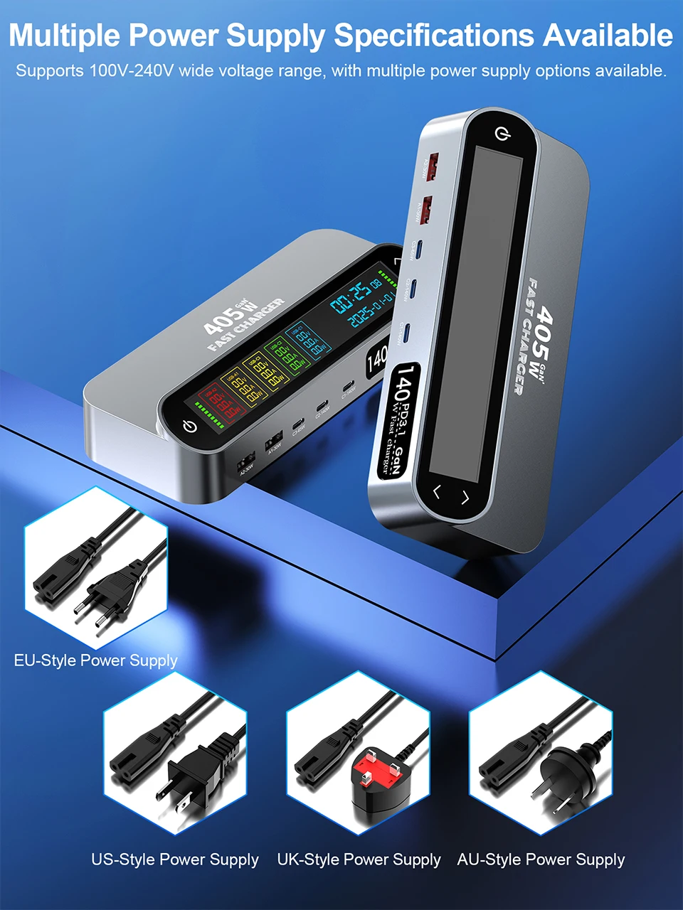 405W GaN Fast Charger 140W PD3.1 PPS USB Type-C LCD Digital Display Desktop Charging Station for iPhone 16/15 MacBook Laptops