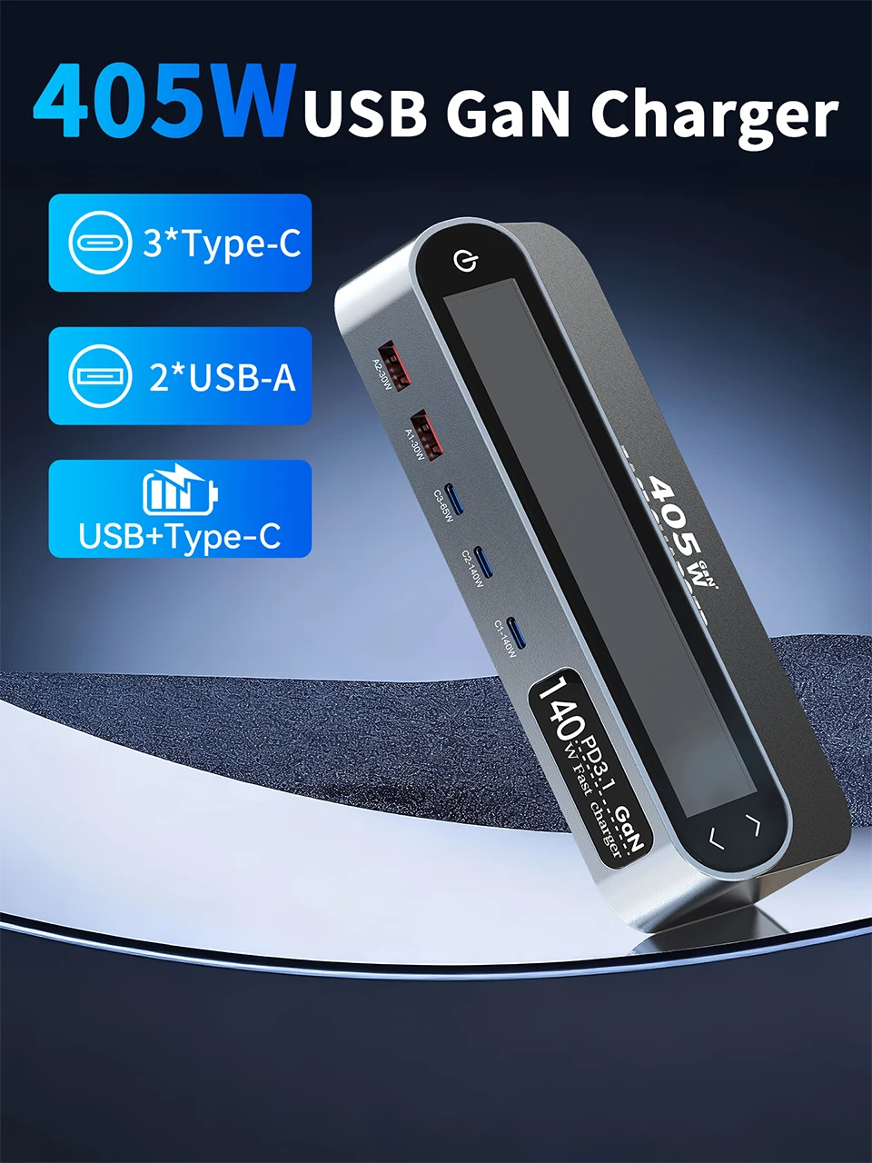 405W GaN Fast Charger 140W PD3.1 PPS USB Type-C LCD Digital Display Desktop Charging Station for iPhone 16/15 MacBook Laptops