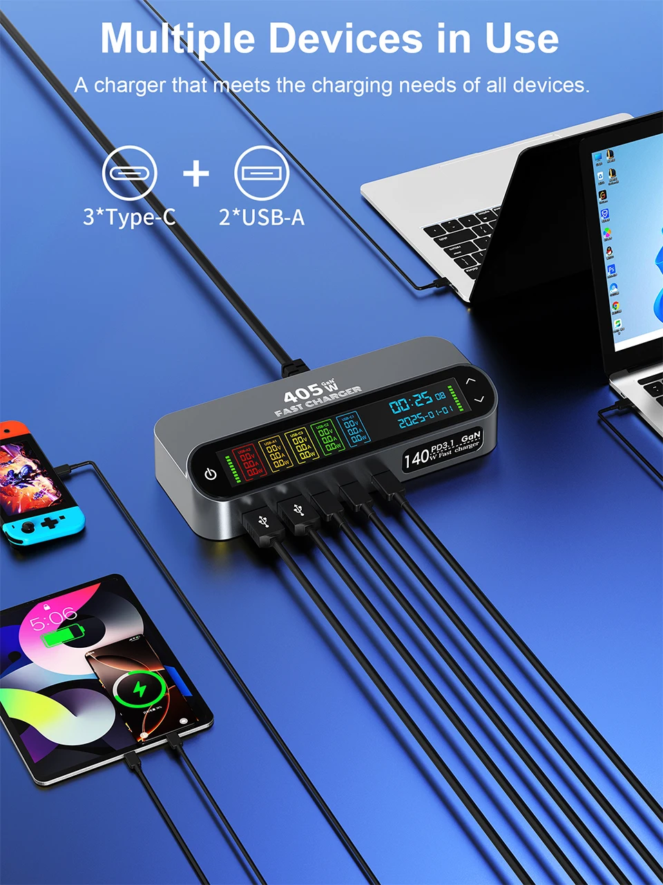 405W GaN Fast Charger 140W PD3.1 PPS USB Type-C LCD Digital Display Desktop Charging Station for iPhone 16/15 MacBook Laptops