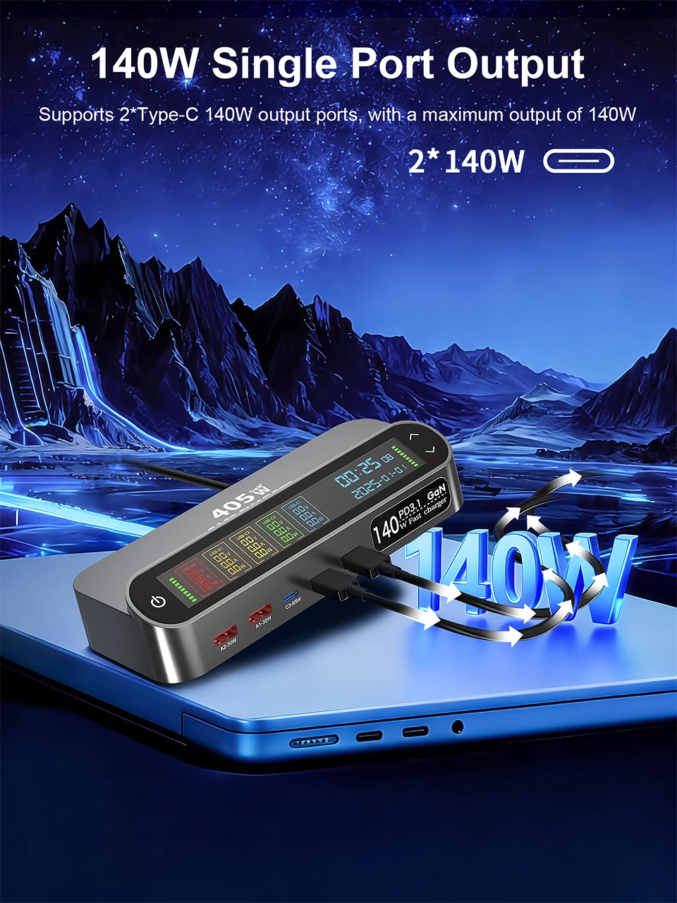 405W GaN Fast Charger 140W PD3.1 PPS USB Type-C LCD Digital Display Desktop Charging Station for iPhone 16/15 MacBook Laptops